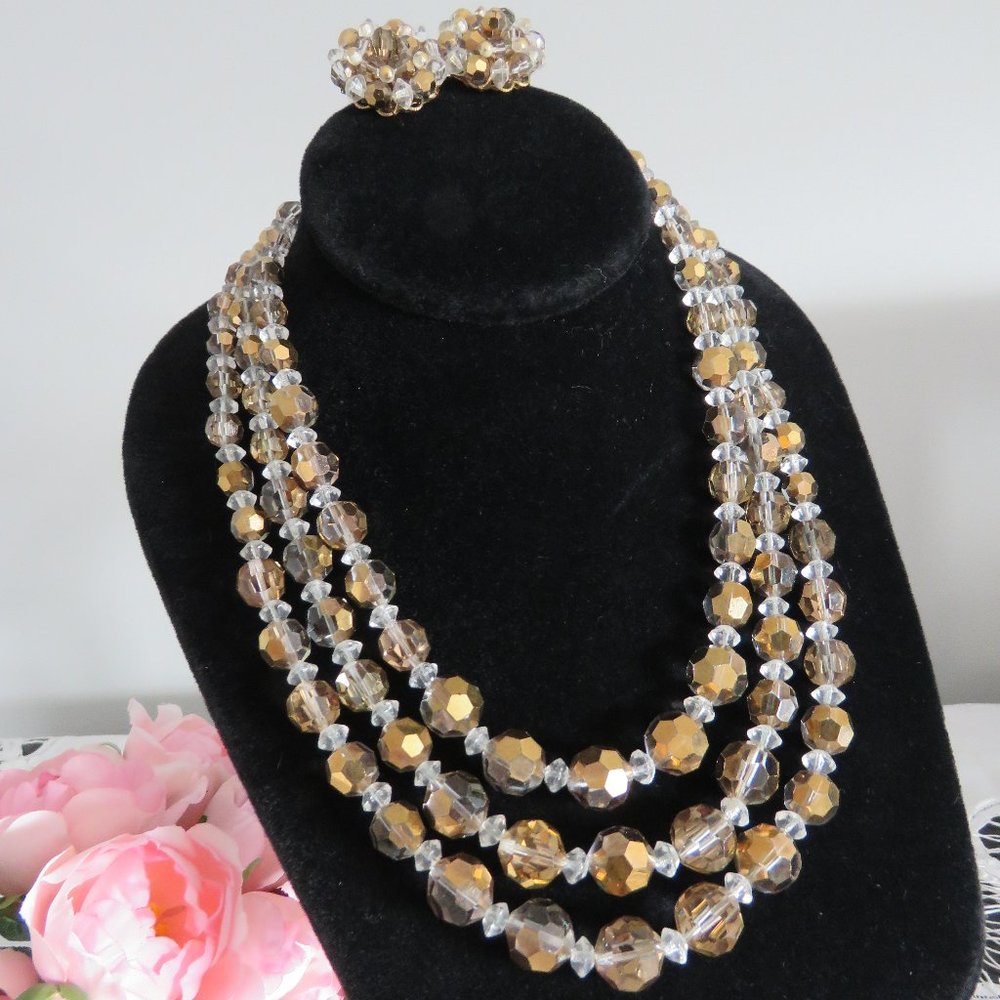 1950s Topaz Crystal Bead Necklace & Earrings